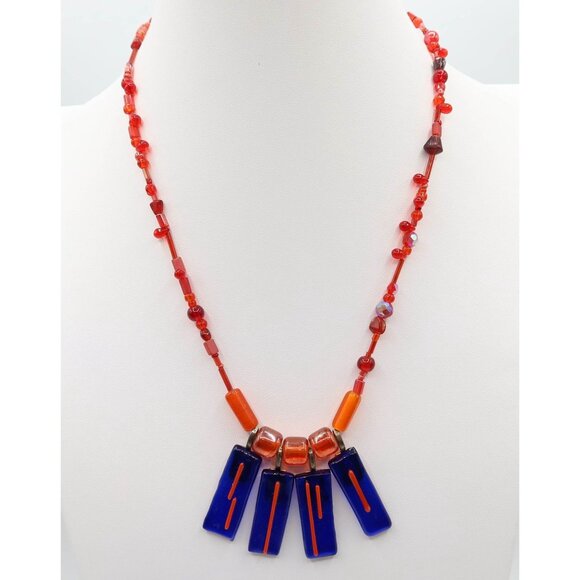 Unbranded Jewelry - Vibrant Modernist Art Glass Beaded Pendant Charm Necklace Orange & Cobalt Blue